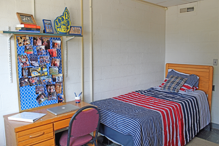 Inside of a single occupancy room inside Merici Hall. There is a bed, desk, and shelf.